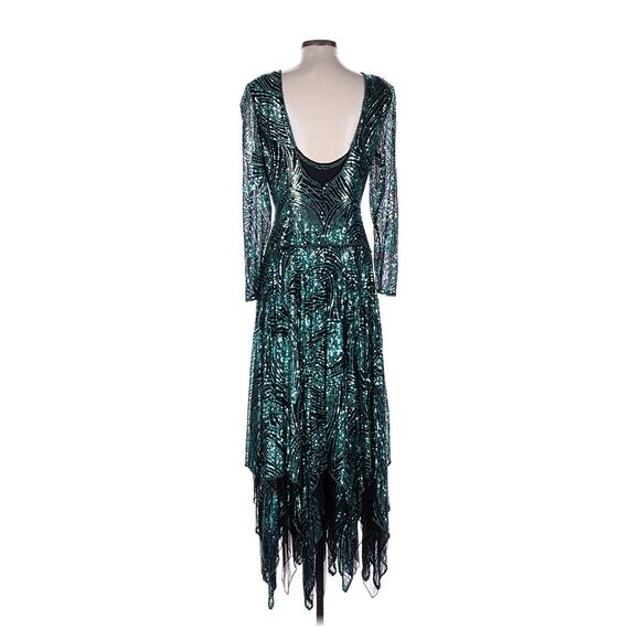 VTG Black Tie Teal Sequin Long Sleeve Silk Midi Dress NYE party 8 - Picture 3 of 5
